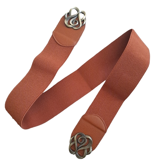 Brown antique gold ornate buckle corset boho elastic wide waist dress belt - Picture 5 of 8